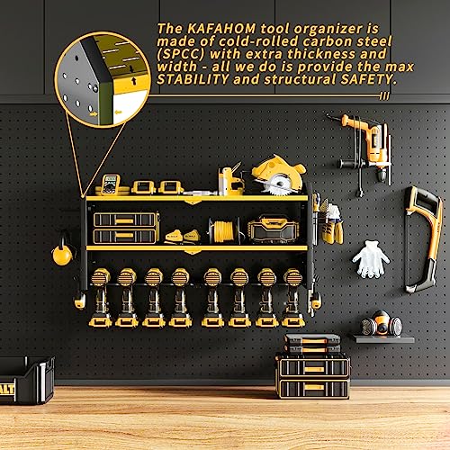 KAFAHOM Power Tool Organizer,Large 8 Drill Holder Wall Mount with 2 Side Pegboards,Metal Tool Shelf with 12 Hooks,Storage Rack for Garage KAFAHOM