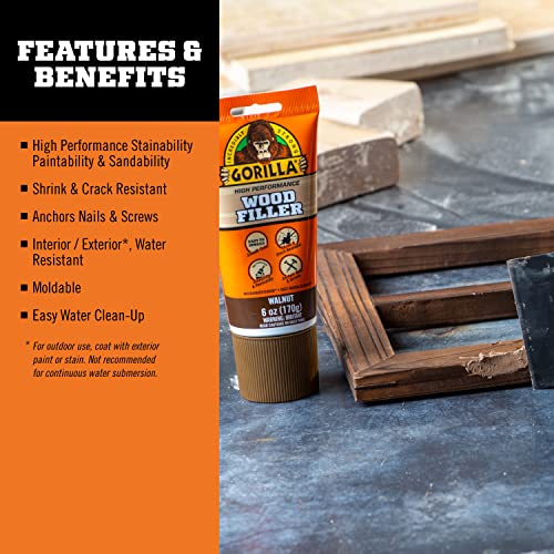 Gorilla All Purpose Wood Filler, 6oz Tube, Walnut (Pack of 1) Gorilla