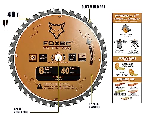 FOXBC 8-1/4 Inch Table Saw Blade 40 Tooth, Replacement for Freud Diablo D0840, DeWalt DWA181440 Finishing Circular Saw Blade, DeWalt DWE7485 Table FOXBC