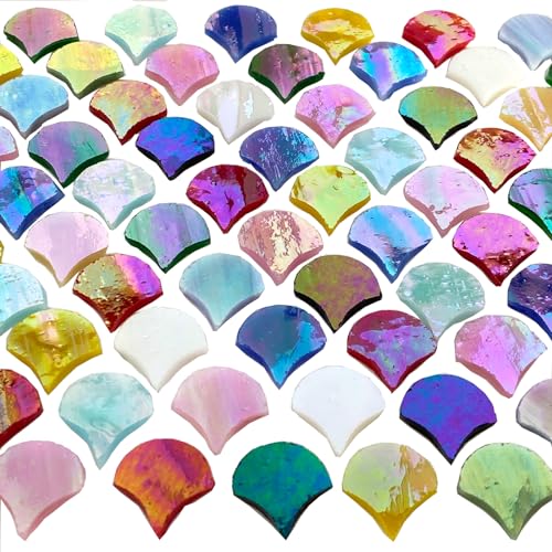 ILLUCKAI 3/4" Iridescent Fanshape Glass Mosaic Tiles for Crafts, 170 Pieces Mosaic Glass Pieces for Home Decor, Stained Glass Supplies Mosaic Kit for ILLUCKAI