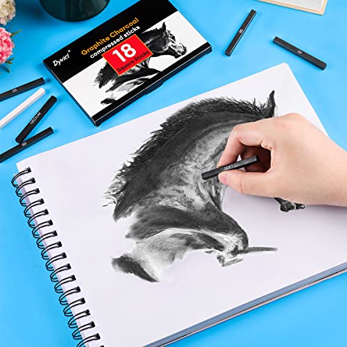 Dyvicl Compressed Graphite Charcoal Sticks, Square Black White Charcoal for Sketching, Drawing, Shading, Blending, Pack of 18 Dyvicl