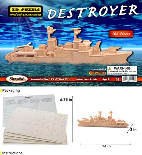 Puzzled 3D Puzzle Destroyer Warship Wood Craft Construction Kit Fun & Educational DIY Wooden Toy Assemble Model Unfinished Craft Hobby Navy Ship Puzzled