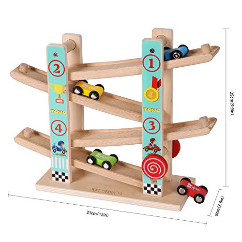 TOWO Pure Wooden Car Ramp - Zig Zag Car Slide Run with 4 Wooden Cars Playsets-Click Clack Track Wooden Car Toys for Toddlers -Racing Car Toys for Toys of Wood Oxford