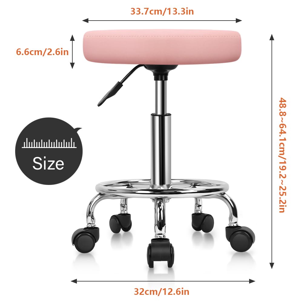 KKTONER PU Leather Round Rolling Stool with Foot Rest Swivel Height Adjustment Spa Drafting Salon Tattoo Work Office Massage Stools Task Chair (Pink) KKTONER