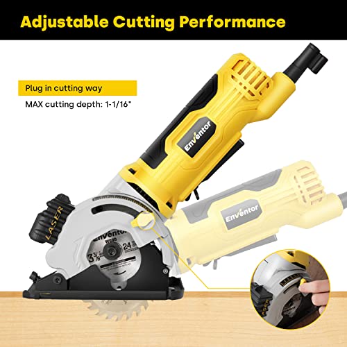 Mini Circular Saw, ENVENTOR 4.8A Electric Circular Saw Corded with Laser Guide, 4000RPM, 3 Saw Blades 3-3/8" Max Cutting Depth 1-1/16", Compact Hand Enventor