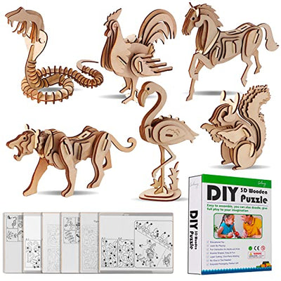 calary 3D Wooden Puzzle Simulation Animal Dinosaur Assembly DIY Model Toy for Kids and Adults,Set of 6