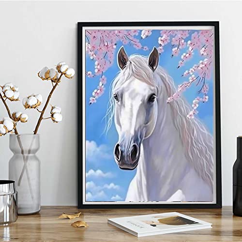 Kaliosy 5D Diamond Painting White Horse by Number Kits, Paint with Diamonds Art Flower DIY Full Drill, Crystal Craft Cross Stitch Embroidery Kaliosy