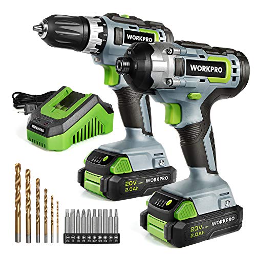 WORKPRO 20V Cordless Drill Combo Kit, Drill Driver and Impact Driver with 2x 2.0Ah Batteries and 1 Hour Fast Charger WORKPRO