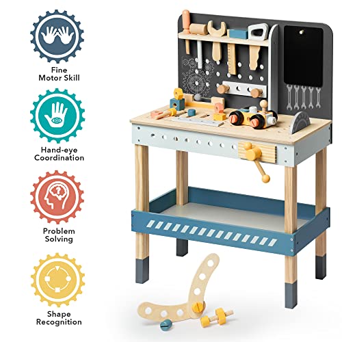 ROBOTIME Wooden Tool Bench for Kids Toy Play Workbench Workshop with Tools Set, Creative Wood Construction Tool Bench Toy for 3 4 5 Year Old Boys ROBOTIME