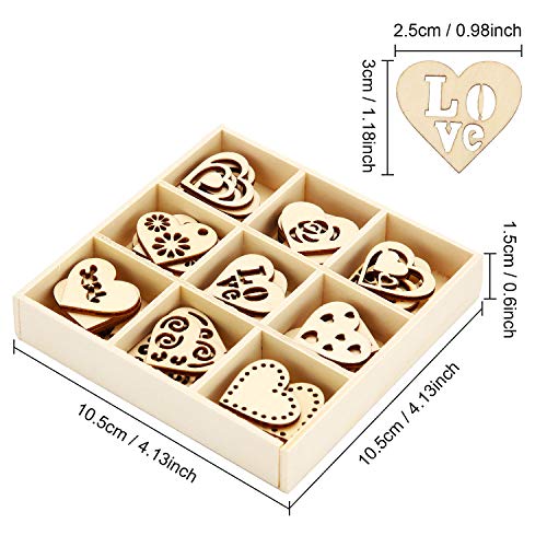 45 Pieces Wooden Ornaments Heart Wood Embellishments Crafts Set Hollow Design with Storage Tray, Mini Laser Cut Heart Shape for Valentine's Day and WILLBOND