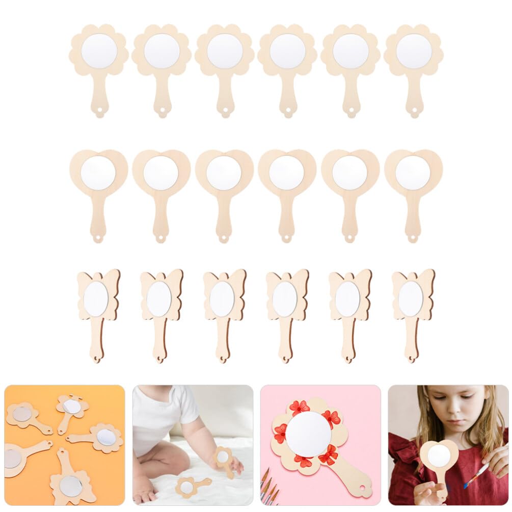 KALLORY DIY Wood Mirror Craft Unfinished Handheld Mirror Wooden Mirror Toys Mini Wooden Princess Mirror for Kids DIY Handmade Craft 18pcs KALLORY