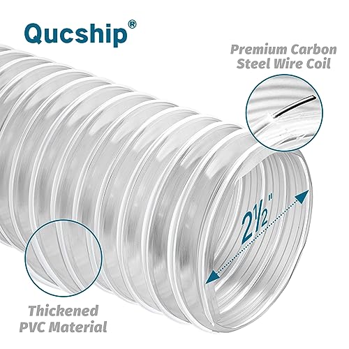 2-1/2" x 10' Heavy PVC Dust Collection Hose, Puncture Resistant PVC Dust Collection Hose, Flexible Clear PVC Fume Collection Hose with Carbon Steel Qucship