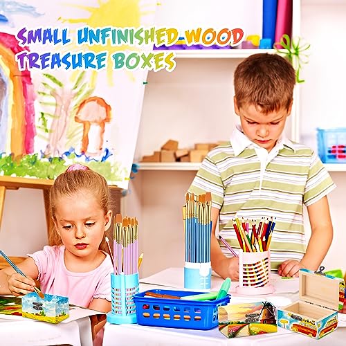 Chumia 48 Pcs Unfinished Wooden Craft Boxes with 40 Paintbrushes Small Wooden Boxes Treasure Chest with Lid and Clasp Wood Storage Box for DIY Baby Chumia