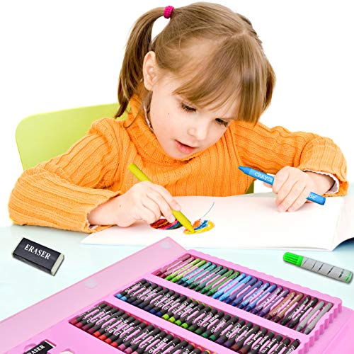 Sunnyglade 185 Pieces Double Sided Trifold Easel Art Set, Drawing Art Box with Oil Pastels, Crayons, Colored Pencils, Markers, Paint Brush, Sunnyglade