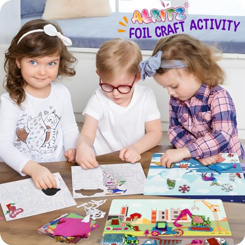 Alritz Foil Crafts Fun Kit, No Mess Foil Art Kit Toys for Kids Animals Space Cars, Foil Stickers, Art Craft Supplies, DIY Christmas Gift for Girls Alritz