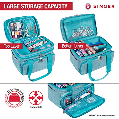 SINGER Sewing Accessories Organizer (Bag Only) – Double Layer Portable Sewing Storage Bag with 2 Detachable Pouches and 18 Storage Compartments, SINGER