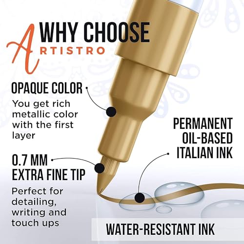 Gold & Silver Metallic Paint Pens for Rock Painting, Stone, Ceramic, Glass, Wood, Metal, Fabric, Canvas. Set of 6 Gold Permanent Oil Based Paint ARTISTRO