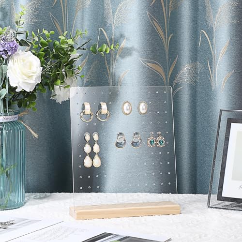 JUXYES Pack of 2 Clear Acrylic Enamel Pin Display Stand with Wooden Base, Tabletop Pin Organizer Display Storage Stand, Enamel Pin Display Holder for JUXYES