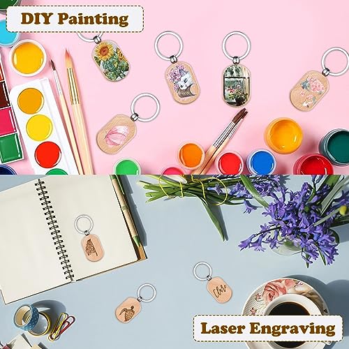 Voittozege 100 Pcs Wooden Keychain Blanks Wood Key Chain Bulk Rounded Square Wooden Blank Keychains Unfinished Blanks Wood Keychains Blank Wooden Key Voittozege