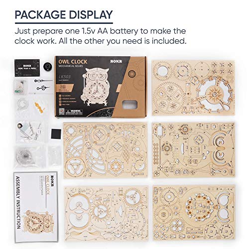 ROKR 3D Wooden Puzzles for Adults Mechanical Clock Kits-Owl Clock, DIY Clock Model Building Kits Educational Brain Teaser Puzzles, DIY ROKR