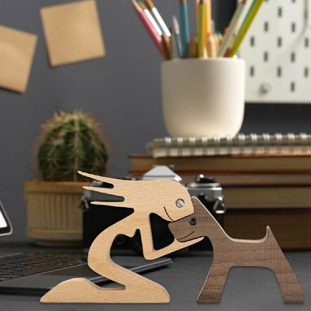 FHTDW Unique Gift Hand Carved Wood Dog Human Statue Figurine Sculpture Home Office Décor, Wooden Man Dog Carving Model to Remember Friendship Between FHTDW