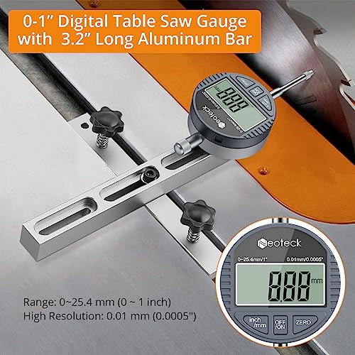 Neoteck 0-1'' Digital Dial Indicator Table Saw Gauge with 3.2inch Long Anodized Aluminum Bar for Aligning and Calibrating Work Shop Machinery Table Neoteck