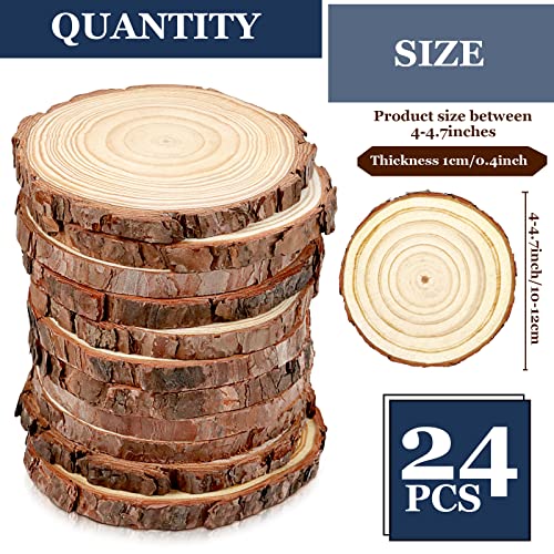 FSWCCK 24 PCS Wood Slices Bulk, 4-4.7 Inch Unfinished Natural with Tree Barks Rustic Wedding Centerpiece Disc, Craft Wood Pieces for Circles Craft FSWCCK