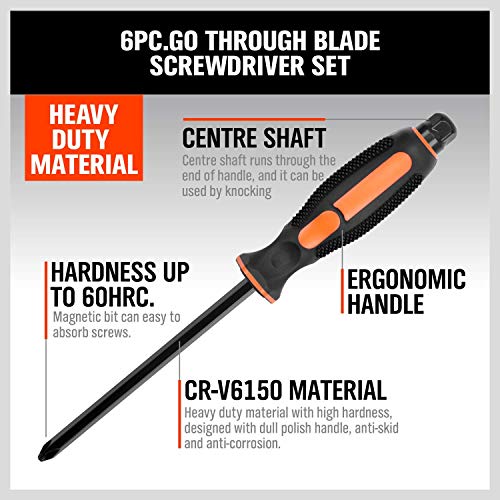 HORUSDY 6-Pieces Magnetic Screwdriver Set, 3 Phillips and 3 Flat Head Tips Screwdriver for Fastening, Chiselling and Loosening Seized Screws (New HORUSDY