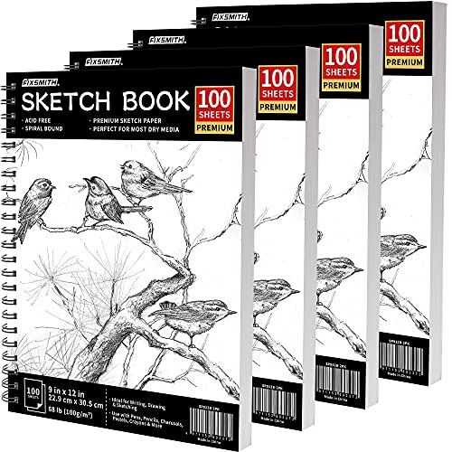 FIXSMITH 9"X12" Sketch Book | 400 Sheets (68 lb/100gsm) Sketchbook| 4 Pack (100 Sheets Each) |Acid Free Drawing Paper | Spiral Bound Sketchpad for FIXSMITH