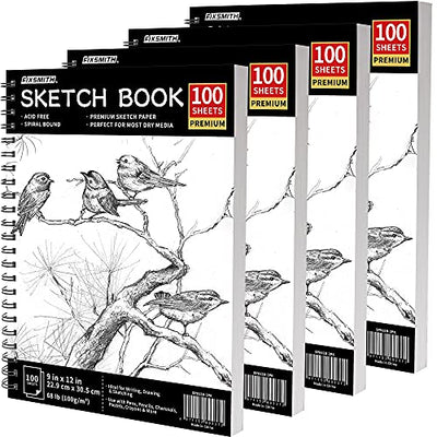FIXSMITH 9"X12" Sketch Book | 400 Sheets (68 lb/100gsm) Sketchbook| 4 Pack (100 Sheets Each) |Acid Free Drawing Paper | Spiral Bound Sketchpad for