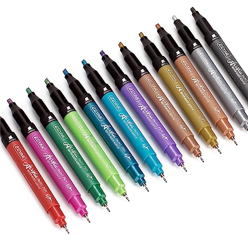 ZEYAR Acrylic Paint Pen, Needle Extra Fine and Chisel Point, 12 Metallic Colors, Waterproof Ink, Works on Rock, Wood, Glass, Metal, Ceramic and More ZEYAR