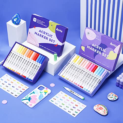 Bundle of Arrtx Acrylic Paint Pens for Rock Painting, 60 PCS Extra Brush Tip, Water Based Paint Markers for Stone, Glass, Easter Egg, Wood and Fabric Arrtx
