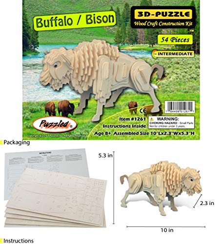Puzzled 3D Puzzle Buffalo Wood Craft Construction Model Kit, Fun & Educational DIY Bison Wooden Animal Toy Assemble Model Unfinished Crafting Hobby Puzzled