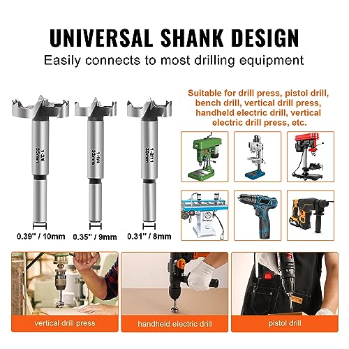 VEVOR Forstner Bit Set, 16 Pcs Forstner Drill Bits Set, 1/4" to 1-5/8", Carbon Steel, with Universal Round Shank, Forstner Drill Bit for Wood and VEVOR