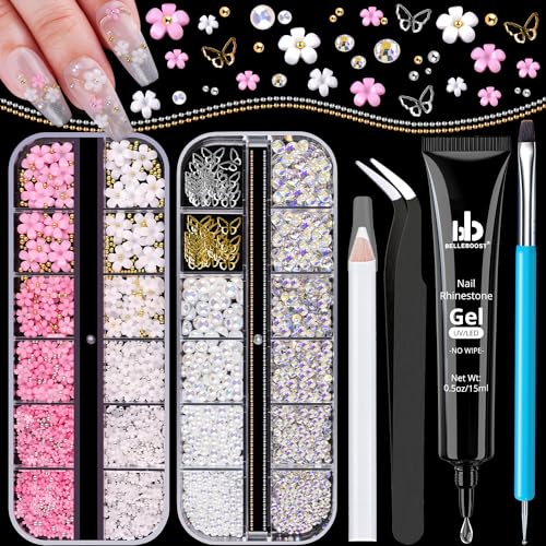3D Nail Charms, Manicure Kit with Nail Rhinestone Glue Gel (UV Curing), Butterfly White Pink Flower Starry AB Gems Caviar Beads Half Round Pearl & BELLEBOOST