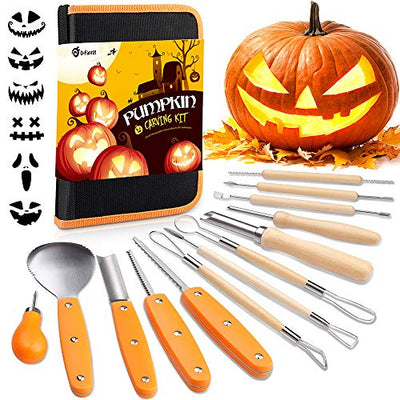D-FantiX Halloween Pumpkin Carving Kit, 13 Pieces Professional Stainless Steel Pumpkin Carving Tools Kit with Stencils and Carrying Case - Carve
