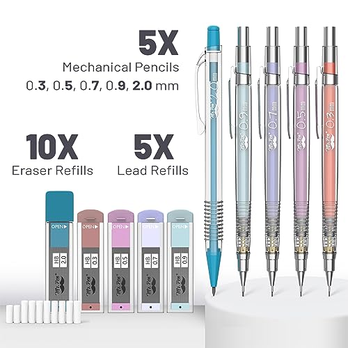 Mr. Pen- Pastel Mechanical Pencil Set with Black Lead and Eraser Refills, Clear Barrel, 0.3, 0.5, 0.7, 0.9, 2mm, Pastel Mechanical Pencils, Cute Mr. Pen