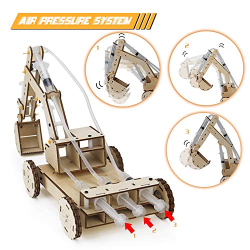 3D Wooden Construction Excavator Vehicle Toys Set, STEM Science Kit with Air Pressure System to Build A Wood Excavator Model Including 3 Replaceable Mini Tudou
