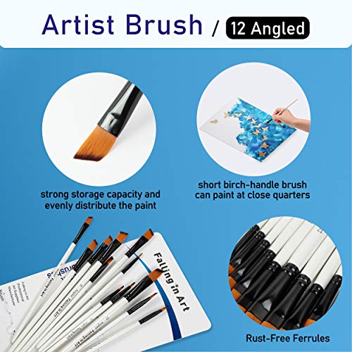Falling in Art Paint Brushes Set, 12 PCS Nylon Professional Angled Paint Brushes for Watercolor, Oil Painting, Acrylic, Face Body Nail Art, Crafts, Falling in Art