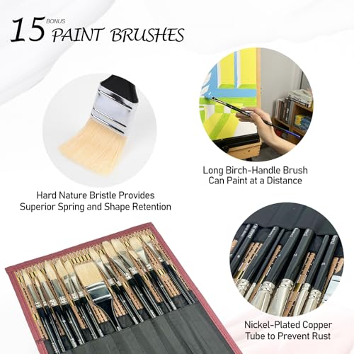 Falling in Art Natural Bristle Professional Paintbrush Set, 15PCS Long Handled Paint Brushes for Acrylic Painting, Oil Paint Brushes of Fan, Round, Falling in Art