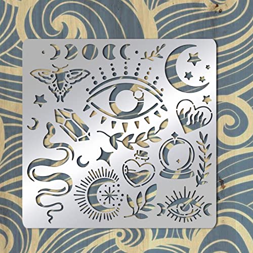 BENECREAT Witchcraft Theme Stencils 6x6 Inch The Devil's Eye Snake Moon Stainless Steel Stencil for Drawings and Woodburning, Engraving and BENECREAT