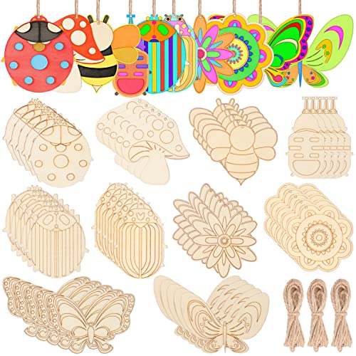 60Pcs Wood Cutouts Ornaments for Crafts Butterfly Flower Unfinished Wooden Slices DIY Paint Crafts Blank Hanging Embellishment for Kids Painting HooAMI