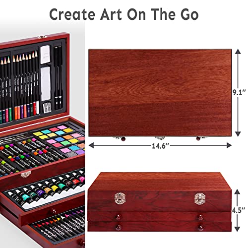 175 Piece Deluxe Art Set with 2 Drawing Pads, Acrylic Paints, Crayons, Colored Pencils Set in Wooden Case, Professional Art Kit, for Adults, Teens Color More