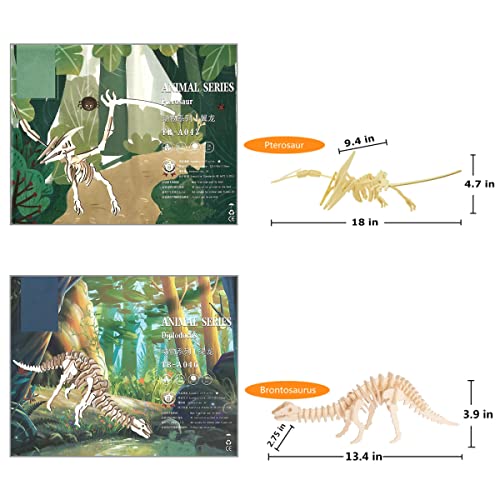 3D Wooden Dinosaur Puzzle - 6 Piece Set Wood Dinosaur Skeleton Model Puzzle - DIY Wooden Crafts 3D Puzzle - STEM Toys Gifts for Kids and Adults i-CHONY