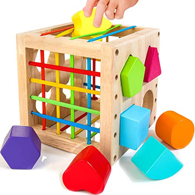 HELLOWOOD Montessori Toys for 1+ Year Old, Wooden Sorter Cube with 8pcs Rattling Shapes, Developmental Learning Toy Gifts for Baby Girls Boys 6-12-18