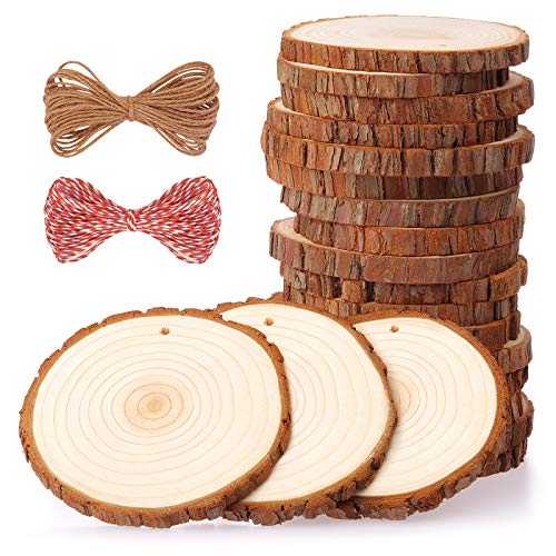 Fuyit Natural Wood Slices 20 Pcs 3.5-4 Inches Craft Wood Kit Unfinished Predrilled with Hole Wooden Circles Tree Slices for Arts and Crafts Christmas Fuyit