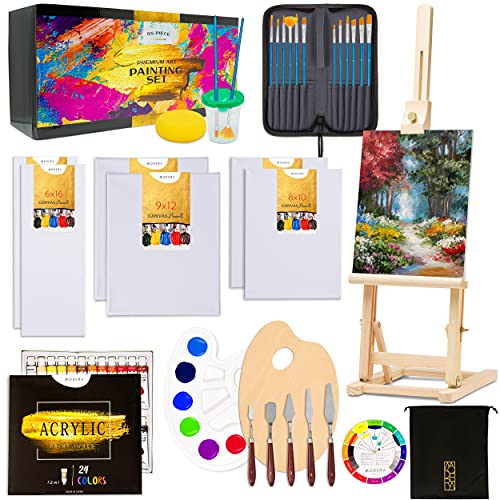 Professional Acrylic Art Paint Set | 55-Piece Premium Artist Painting Supplies Kit w/ Wooden Tabletop Easel, Paints, Brushes, Knives, Palettes, Canvas