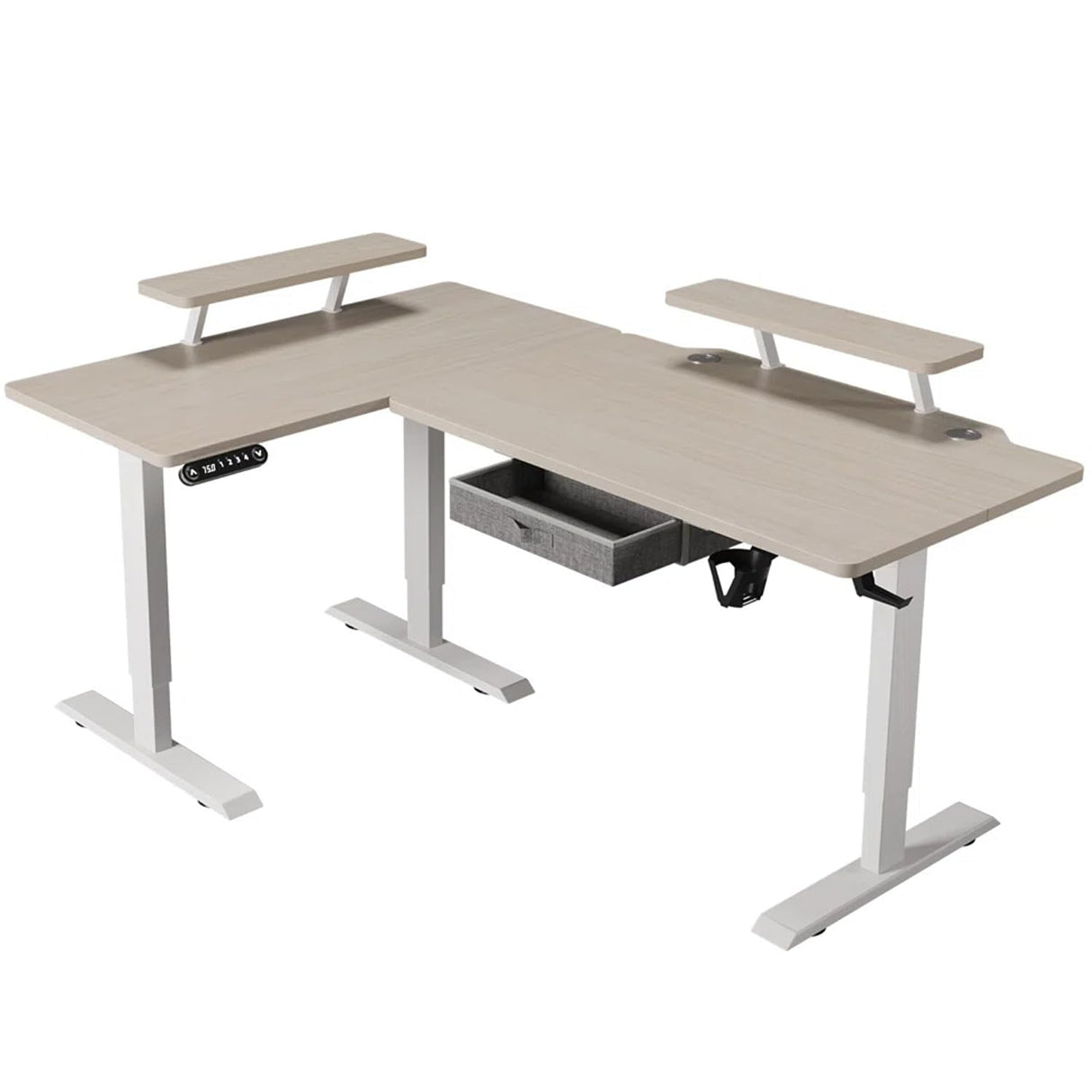 Sileye L Shaped Gaming Drawer Storage Shelf, Electric Adjustable Height, Corner Stand Up Desk with Splice Board for Home Office White Frame/Pale Sileye