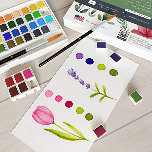 Watercolor Paint Set with 48 Premium Colors, 2 Artist Paint Brushes, 20-Sheet Paper Pad, Bonus Watercolor eBook Vivart