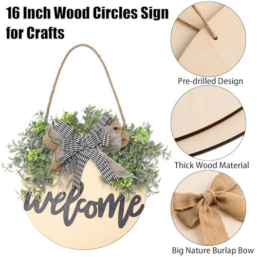 12 Pcs 18 Inch Wood Circles for Crafts Unfinished Round Wood Discs Blank Wood Rounds Slices Round Wooden Door Hanger Signs with Bows, Twine and Glue AWIZOM